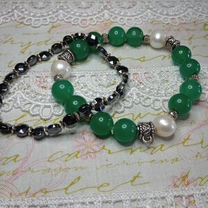 Green and Silver Beaded 'Tea' Bracelet Set